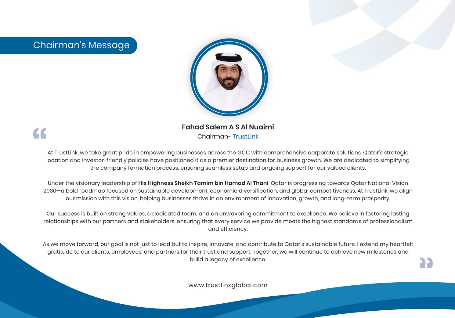 TrustLink Qatar Chairman's Message - Fahad Salem A S Al Naimi's Vision for Business Excellence